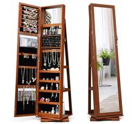 COSTWAY Armoire à Bijoux Pivotante à 360 Degrés, Organisateur de Bijoux sur Pieds, avec Grand Miroir Psyché et Etagère de Rangement à L’Arrière (Café)