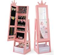 COSTWAY Armoire à bijoux pour enfants 3 en 1, armoire à glace inclinable avec miroir intégral & panier de rangement, en forme de couronne pour enfants de 3 ans et plus Rose