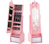 COSTWAY Armoire à bijoux pour enfants, armoire à glace 2en1 inclinable avec miroir intégral, tiroir & panier de rangement, licorne 31,5x30x115cm rose