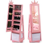 COSTWAY Armoire à bijoux pour enfants, armoire à glace 3en1 pivotant à 360° avec miroir intégral & panier de rangement en forme de couronne, pour enfants à partir de 3 ans Rose