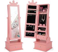 COSTWAY Armoire à bijoux pour enfants, armoire à glace inclinable avec miroir intégral, 2 angles d'inclinaison réglables & 3 tiroirs, miroir de maquillage étagère à bijoux en forme de couronne pour en
