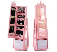 COSTWAY Armoire a Bijoux pour Enfants, Miroir sur Pied avec Grande Capacité de Rangement et Base Pivotante, Rose