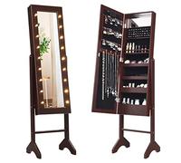 COSTWAY Armoire à Bijoux sur Pied avec 18 LED, Angle Réglable,Doublure en Velours Doux 35 × 31,5 x 145 CM (Marron)