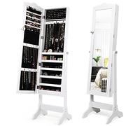 COSTWAY Armoire à Bijoux sur Pied avec 2 Organiseurs Cosmétiques Amovibles, Angle Réglable avec Serrure Rangement Compartimenté pour Toutes Sortes de Bijoux Style Sobre et Soigné (Blanc)
