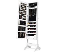 COSTWAY Armoire à Bijoux sur Pied avec Miroir Pivotante à 4 Niveaux Armoire de Rangement Bijoux avec 8 Étagères Doublées pour Bagues Boucles d'Oreilles Bracelets (Blanc)