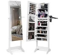 COSTWAY Armoire à Bijoux sur Pied avec Miroir Pleine Longueur, LED 3 Couleurs, Verrouillable, Miroir Intérieur, avec Support de Sèche-Cheveux et Boîtes Acrylique pour Chambre, Vestiaire, Blanc