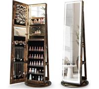 COSTWAY Armoire à Bijoux sur Pieds avec LED et Miroir, Pivotant 360°, Verrouillable, 3 Étagères, Rangement Beauté Bijoux, Marron