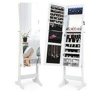 COSTWAY Armoire à Bijoux sur Pieds Miroir Pleine Longueur, Armoire à Bijoux Verrouillable avec Grand Espace de Rangement, Miroir Psyché Intérieur, Lumière LED, Angle Réglable, 41 x 36 x 158 cm, Blanc