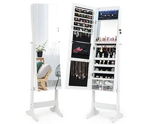 COSTWAY Armoire à Bijoux sur Pieds Miroir Pleine Longueur, Armoire à Bijoux Verrouillable avec Grand Espace de Rangement, Miroir Psyché Intérieur, Lumière LED, Angle Réglable, 41 x 36 x 158 cm, Blanc