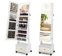 COSTWAY Armoire à Bijoux sur Roulettes, Verrouillable, Organisateur de Bijoux sur Pieds avec Miroir Psyché sans Cadre, Miroir Intégré avec Lumières LED 3 Couleurs, Étagère Pliable (Blanc)