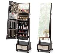 COSTWAY Armoire à Bijoux sur Roulettes, Verrouillable, Organisateur de Bijoux sur Pieds avec Miroir Psyché sans Cadre, Miroir Intégré avec Lumières LED 3 Couleurs, Étagère Pliable (Café)