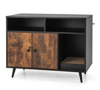 COSTWAY Armoire à chat Bac à litière avec griffoir & double porte, maison pour chat avec étagère ouverte & 2 compartiments, caverne pour chat Armoire à litière, pour chats Chiens Animaux de compagnie,
