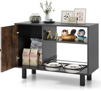 COSTWAY Armoire à nourriture pour animaux domestiques avec 2 écuelles en acier inoxydable, Station d'alimentation extensible & réglable en hauteur, nourriture pour chiens avec étagère & porte Marron
