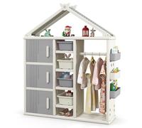 COSTWAY Armoire à Vêtements Enfant en HDPE avec Tige de Suspension & 5 Étagères & 3 Cubes, Portant à Vêtements Enfant avec Panier Latéral Ajustable & 4 Bacs, Organisateur pour Livres Jouets (Gris)