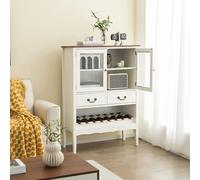 COSTWAY Armoire à vin en pin, armoire indépendante avec 2 portes, 2 tiroirs en verre trempé, buffet de cuisine avec sécurité anti-basculement pour cuisine， salle à manger & salon (blanc)