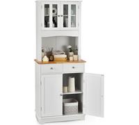 COSTWAY Armoire de cuisine 170cm, Armoire haute avec 2 tiroirs et étagères réglables, Buffet de cuisine indépendant bois blanc