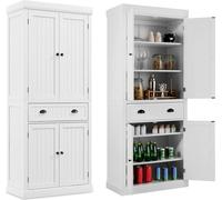 COSTWAY Armoire de cuisine 183cm, Armoire buffet en bois avec étagères réglables, armoires à portes & tiroir, Armoire haute buffet de cuisine indépendant blanc