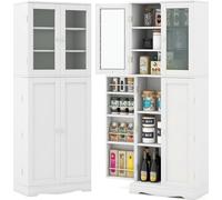 COSTWAY Armoire de cuisine avec portes vitrées & protection anti-basculement, Armoire haute , Buffet de cuisine indépendant, Armoire multi-usages en bois, 1 pc. Blanc 60x31,5x161,5cm