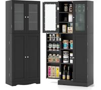 COSTWAY Armoire de cuisine avec portes vitrées & protection anti-basculement, Armoire haute , Buffet de cuisine indépendant, Armoire multi-usages en bois, 1 pièce Noir 60x31,5x161,5cm