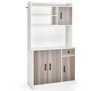 COSTWAY Armoire de cuisine de 180 cm de haut avec station de chargement intégrée, buffet-sideboard avec rehausse, plan de travail, 4 étagères réglables Blanc
