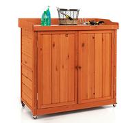 COSTWAY Armoire de Jardin en Bois Extérieur 2 en 1, Table de Jardinage avec Porte, Etagère Amovible et 4 Roues Universelles Plateau en Acier Galvanisé pour Cour, Jardin