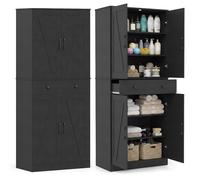 COSTWAY Armoire de Rangement 183 cm, Armoire Chambre 4 Portes avec Grand Tiroir, 3 Étagères Ajustables, Style Porte Grange Moderne, 2 Kits Anti-Basculement, pour Salon, Salle de Bain (Noir)