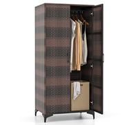 COSTWAY Armoire de Rangement, Armoire Intérieure en Osier PE, 4 Compartiments,Tringle Penderie, Meuble Extérieur sur Pied en Rotin, Design Cannage Respirant, 72 x 50 x 157 cm (Marron)