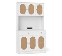 COSTWAY Armoire de Rangement, Buffet avec Vitrine, Station de Recharge, 6 Portes en Rotin, 2 Tiroirs, 4 Étagères Réglables, Buffet Bohème Indépendant pour Salon, Salle à Manger (Blanc)