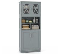 COSTWAY Armoire de Rangement de 145 cm de Haut, 2 Portes en Acrylique Transparent, 3 Compartiments Ouvertes, Colonne Salle de Bain Autoportante, pour Salon, Cuisine, Salle à Manger, Bureau (Gris)
