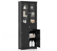 COSTWAY Armoire de Rangement de 160 cm de Haut, 2 Portes en Verre Transparent, 2 Etagères Réglables, 1 Tiroir, Autoportante, pour Salle de Bain, Cuisine, Salon, Salle à Manger, Bureau, Noir