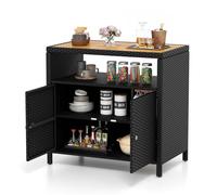 COSTWAY Armoire de Rangement Exterieur en Rotin, Armoire de Jardin avec Plateau en Bois d'Acacia Compartiment Ouvert Buffet à 2 Portes, Organisateur de Rangement pour Piscine Terrasse (Noir)