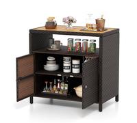 COSTWAY Armoire de Rangement Exterieur en Rotin, Armoire de Jardin avec Plateau en Bois d'Acacia Compartiment Ouvert Buffet à 2 Portes, Organisateur de Rangement pour Piscine Terrasse (Marron)