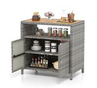 COSTWAY Armoire de Rangement Exterieur en Rotin, Armoire de Jardin avec Plateau en Bois d'Acacia Compartiment Ouvert Buffet à 2 Portes, Organisateur de Rangement pour Piscine Terrasse (Gris)