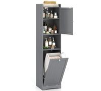 COSTWAY Armoire de Salle de Bain 170 CM, Colonne de Linge Solide & Étroite avec Rangement, Étagère Ajustable, Sac à Linge avec Poignées Longues & Courtes, Armoire Autonome pour Buanderie (Gris)