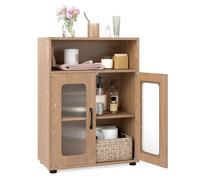 COSTWAY Armoire de Salle de Bain, Meuble de Rangement avec 2 Portes Vitrées, Compartiment Ouvert, Étagère Réglable, pour Salle à Manger, Cuisine, Salon, Buanderie, 30 x 60 x 83 cm (Naturel)
