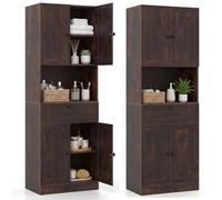 COSTWAY Armoire de Salle de Bains, Armoire Haute en Bois avec 4 Portes, 1 Tiroir, Compartiment Ouvert, Étagère Réglable, Meuble de Rangement Moderne pour Cuisine, Salon (Brun Rustique)