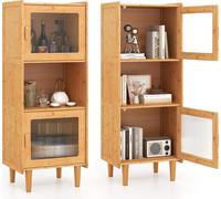 COSTWAY Armoire en bambou, vitrine à 3 étages avec compartiment ouvert & 2 portes en acrylique, bibliothèque indépendante, commode rangement-organisateur couloir