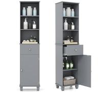 COSTWAY Armoire Haut Salle de Bain, Colonne de Rangement avec 3 Étagères Ouvertes, 1 Tiroir, 1 Placard à Porte, Meuble Salle de Bain, Gain de Place, pour Cuisine, Salon, 30 x 40 x 172 cm (Gris)