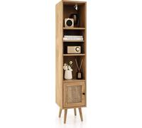 COSTWAY Armoire haute en rotin, bibliothèque avec 4 étagères et porte en rotin, commode style boho, 29,5 x 29,5 x 137cm