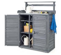COSTWAY Armoire Jardin Bois, Armoire Exterieur avec Plan de Travail en Métal, 3 Crochets, Etagères Amovibles, Portes à Persiennes, Table de Rempotage, Meuble Exterieur Rangement (Gris)