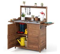 COSTWAY Armoire Jardin en Bois, Table de Travail Exterieur avec Plateau Métallique Étagères Latérales Pliables, Étagère Réglable Crochets, Établi pour Le Jardinage et la Plantation