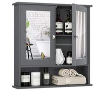 COSTWAY Armoire Murale Salle de Bain 2 Portes à Miroir, Placard de Rangement 3 Niveaux, Meuble Suspendu de Rangement Étagères à Hauteur Réglable, 56,5x13,5x58,5 cm (Gris)