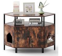 COSTWAY Armoire pour chat Bac à litière pour coin, maison pour chat avec 2 portes, 2 entrées & étagères, meuble pour chat Cave à chat avec pieds en métal Marron