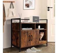 COSTWAY Bac à litière avec double porte, griffoir, étagère ouverte & 2 compartiments, litière, grotte pour chat, maison pour chat , pour chats chiens animaux domestiques (café)
