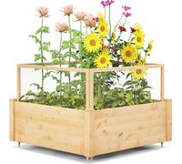 COSTWAY Bac à plantes surélevé avec clôture grillagée, clôture sur 4 côtés & 9 surfaces de plantation, protection contre les dégâts des animaux, bac à fleurs en bois 107x107x70cm