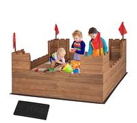 COSTWAY Bac à Sable en Bois Enfants 113 x 116cm avec 2 Bancs, Boîte à Sable sur Thème du Château avec 2 Boîte Amovibles & Drapeaux, Capacité de Sable 120L pour 2 Enfants de 3-8 Ans