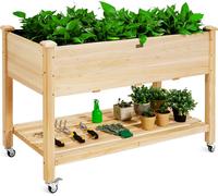 COSTWAY Bac surélevé avec étagère, Bac de jardin surélevé en bois, Bac à plantes avec roues verrouillables et doublure de protection, Bac à légumes Bac à herbes aromatiques grand pour balcon, jardin e
