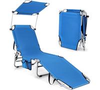 COSTWAY Bain de soleil avec toit & poche latérale, chaise longue pliante avec 5 dossiers réglables, chaise longue de plage pour jardin, piscine, terrasse, 193 x 56 x 32 cm (bleu)