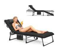 COSTWAY Bain de Soleil Pliable avec Matelas Amovible, Chaise Longue Jardin Exterieur avec Appui-tête, Dossier Réglable sur 4 Niveaux, Poche, pour Voyage Plage Bureau, Charge 150 kg, 175 x 71 x 70 cm