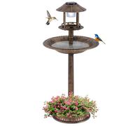 COSTWAY Bain d'oiseaux 3 en 1 Énergie Solaire, Décoration d'Extérieur sur Pied Rétro Éclairé avec Lampe Base de Jardinière de Fleurs Mangeoire, Abreuvoir pour Oiseaux Léger pour Jardin (Bronze)